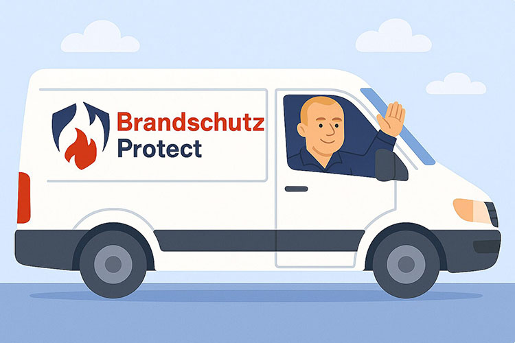 Illustration eines freundlichen Trainers im Firmenwagen von Brandschutz Protect.