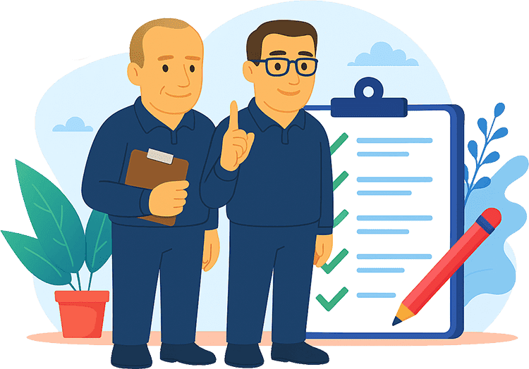 Illustration von zwei Brandschutzexperten, die bereit sind, Fragen zur Brandschutzhelfer Ausbildung Bonn zu beantworten.