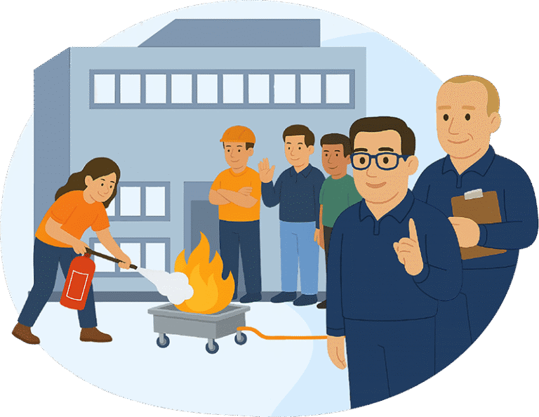 Illustration einer Brandschutzhelfer Ausbildung Bonn vor Ort, bei der eine Teilnehmerin unter Aufsicht der Trainer und anderer Mitarbeiter eine Feuerlöschübung vor einem Firmengebäude durchführt.
