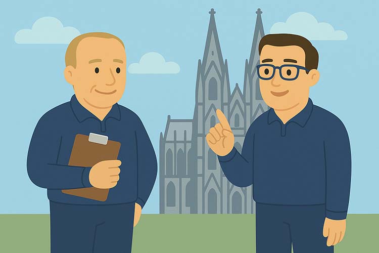 Illustration von zwei Brandschutzexperten vor der Silhouette des Kölner Doms.