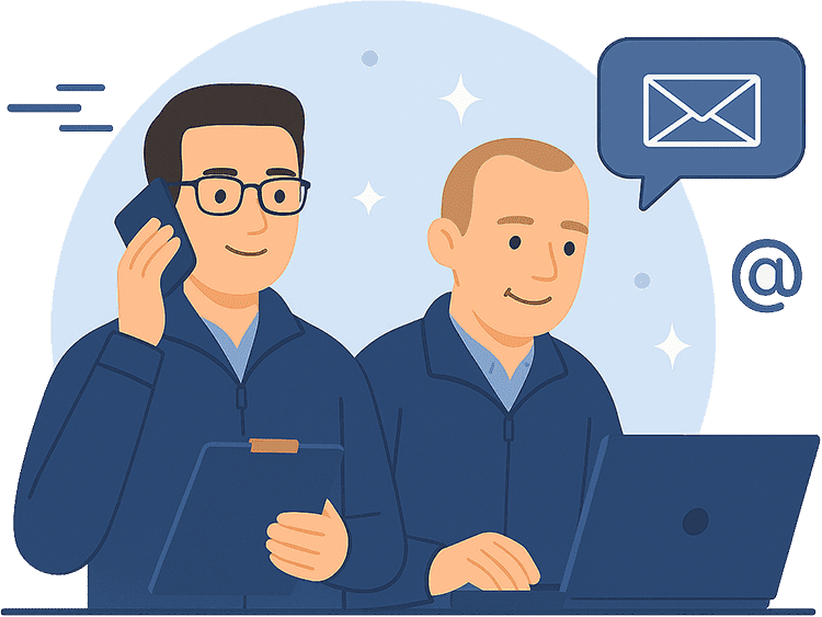 Illustration von Felix und Sven, die den Kundensupport bei Brandschutz Protect machen.