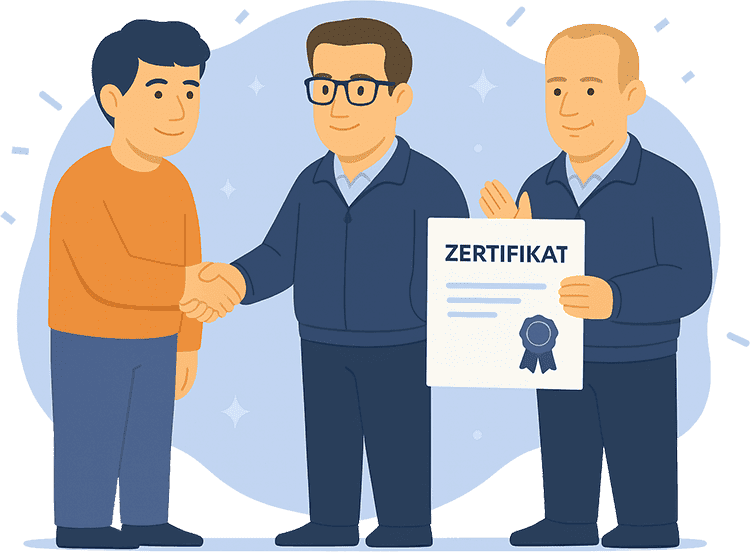 Illustration, die einen erfolgreichen Teilnehmer zeigt, der nach Abschluss eines Seminars von einem Trainer beglückwünscht wird und das offizielle Zertifikat erhält.