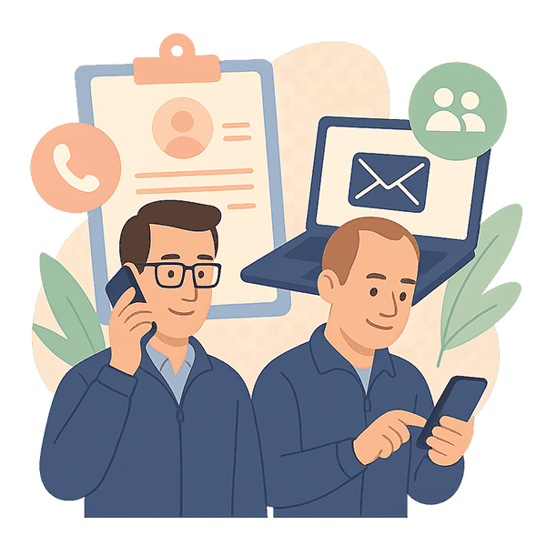 Illustration, die die verschiedenen Kontaktmöglichkeiten (Telefon, E-Mail, Anmeldeformular) zum Service-Team durch zwei beratende Mitarbeiter zeigt.